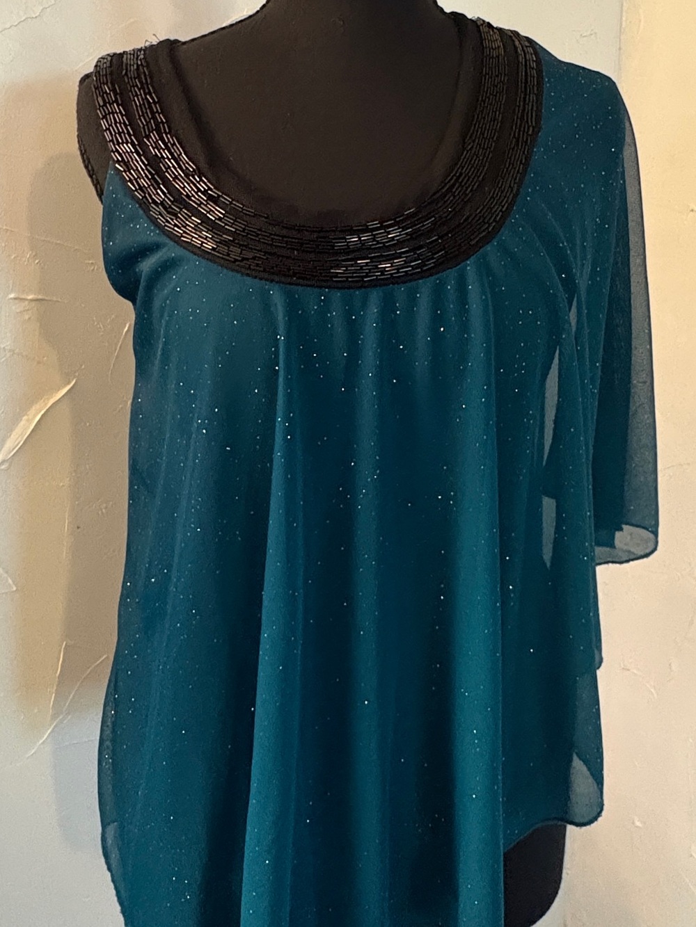 Studio Y Teal Underlined Sheer Sparkle Tunic with Black Beaded Scoop Neck